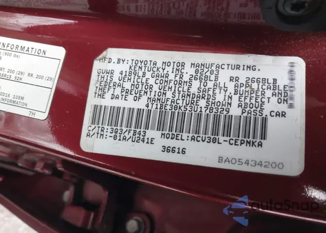 2003 Toyota Camry Le из США, поврежденный, VIN 4T1BE30K53U178329